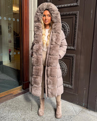 Olivia  Long Hooded Coat with Faux Fur Hood & Elegant Faux Front Fur Trim- Taupe