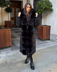 Olivia  Long Hooded Coat with Faux Fur Hood & Elegant Faux Front Fur Trim- Black