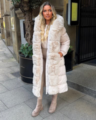 Olivia  Long Hooded Coat with Faux Fur Hood & Elegant Faux Front Fur Trim- Beige