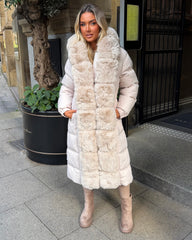 Olivia  Long Hooded Coat with Faux Fur Hood & Elegant Faux Front Fur Trim- Beige