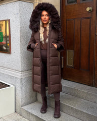 Helena Long Padded Coat with Faux Fur Detail Hood - Chocolate