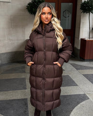 Naomi Padded Ruched Arm Detail Long Duvet Coat - Chocolate