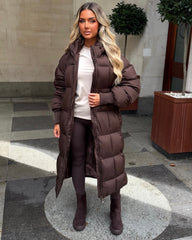 Naomi Padded Ruched Arm Detail Long Duvet Coat - Chocolate