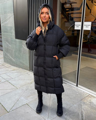 Naomi Padded Ruched Arm Detail Long Duvet Coat - Black