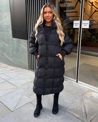 Naomi Padded Ruched Arm Detail Long Duvet Coat - Black