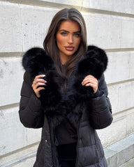 Arielle Long Padded Coat with Faux Fur Trim Hood - Black