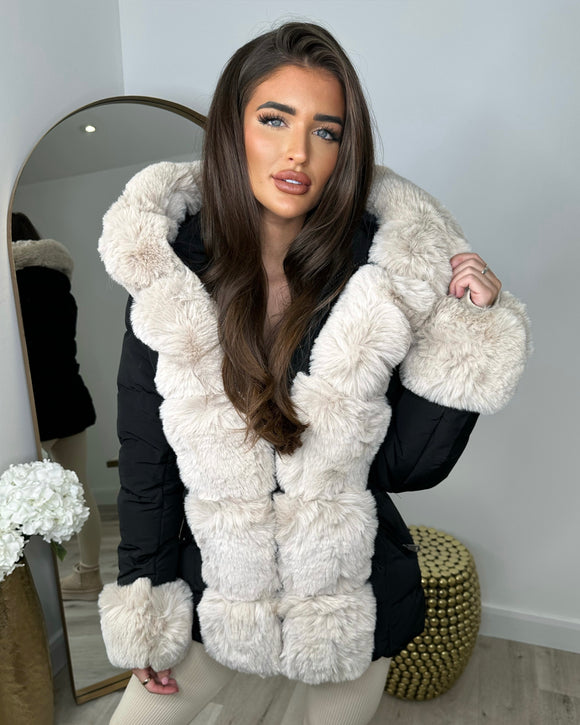 Isobella Belted Faux Fur Trim Hooded Coat - Black/Cream