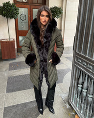 Emma Padded Faux Fur Trim Belted Coat - Khaki