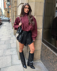 Eliana Short Trench Jacket with Ruched Shoulders - Wine
