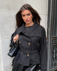 Ava Double Breasted Short Belted Trench Coat - Black