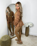 Kerri Ribbed Jewelled Shirt Jumper Lounge Set - Camel