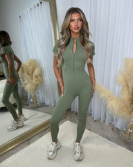 Ayla Short Sleeve Sculpt Jumpsuit- Khaki
