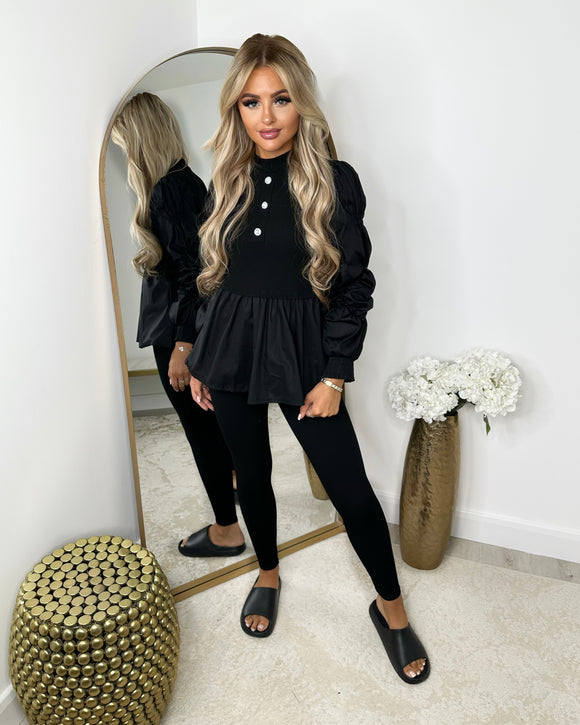 Kerri Ribbed Jewelled Shirt Jumper Lounge Set - Black