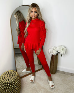 Fefe Puff Sleeve Ribbed Loungewear - Red