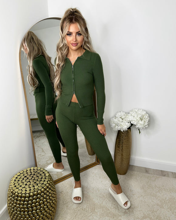 Tara Zip Front Ribbed Co-Ord Set - Khaki