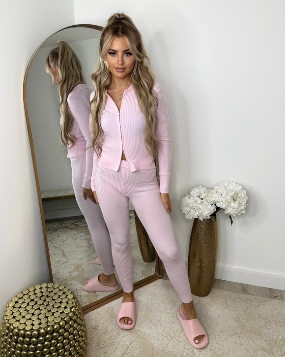 Tara Zip Front Ribbed Co-Ord Set - Baby Pink