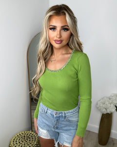 Parker Jewelled Scoop Neck Jumper - Lime