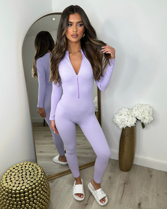 Coco Ribbed Zip front Jumpsuit- Lilac