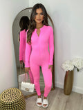 Coco Ribbed Zip front Jumpsuit- Neon Pink