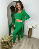 Celeste Ribbed 3 Piece Legging & Cardigan Set - Parrot Green