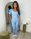 Saskia Silk Puff Sleeve Ribbed Lounge set - Sky Blue