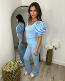 Saskia Silk Puff Sleeve Ribbed Lounge set - Sky Blue