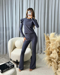 Hollie Ribbed Round Neck Frill Sleeve Detail Top & Trouser Set - Charcoal