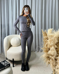 Raya Round Neck Long Sleeve Seamless Top & Leggings Set - Charcoal Grey