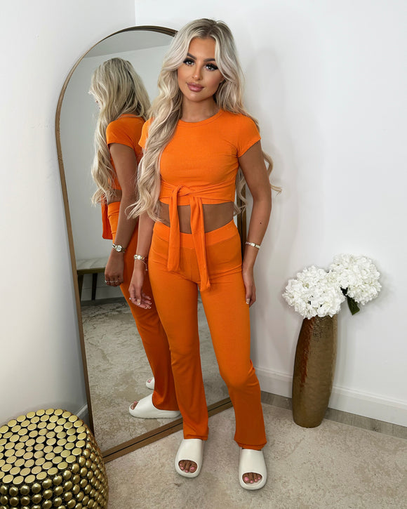 Laura Tie Front Cropped Loungewear Set - Orange