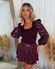 Lara Ribbed Top with Laced  Sleeves - Burgundy