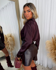 Noemi Open-Front Long Sleeve Shirt Bodysuit - Burgundy