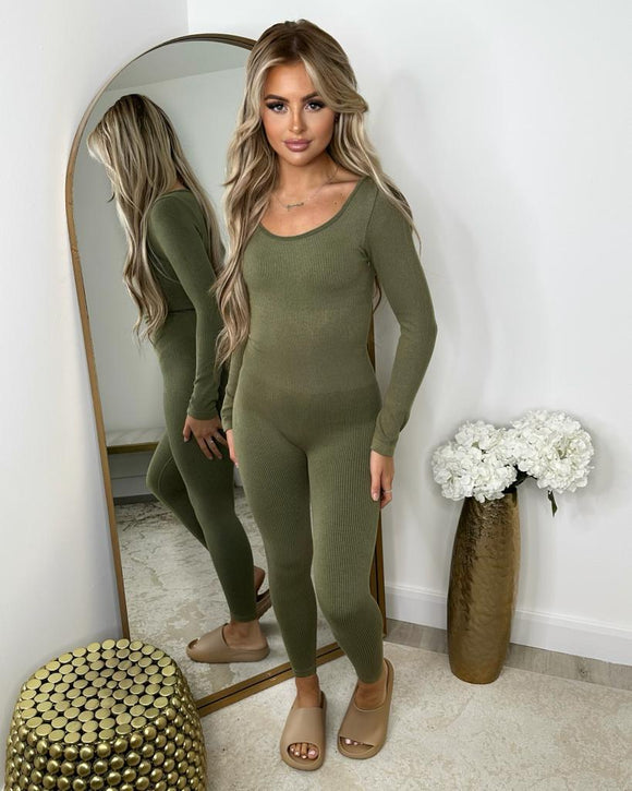 Florence Ribbed Scoop Neck Jumpsuit- Khaki