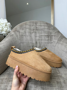 Pippa Aztec Faux-Fur Platform Slippers- Camel