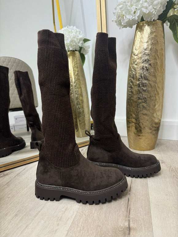 KARISSA Knee High Knitted Sock Boot- Chocolate