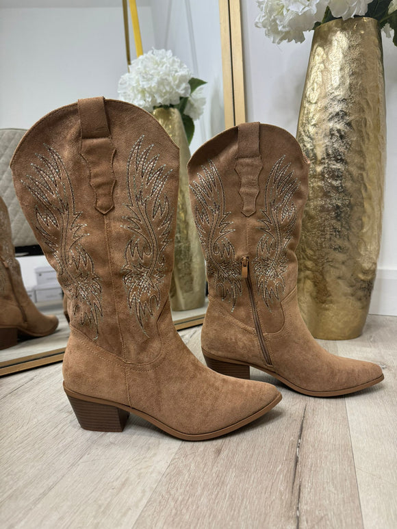 TAYLOR Point Toe Western Calf Boots- Camel