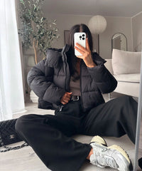 Millie Oversized Short Padded Bomber Jacket with Hood - Black