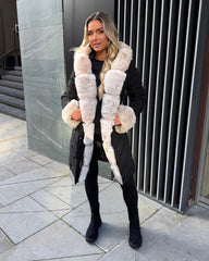 Emma Padded Faux Fur Trim Belted Coat - Black/Beige