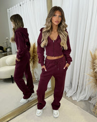 Hayley Corset Design Hooded Zip Jacket with Straight Leg Trousers Set - Wine