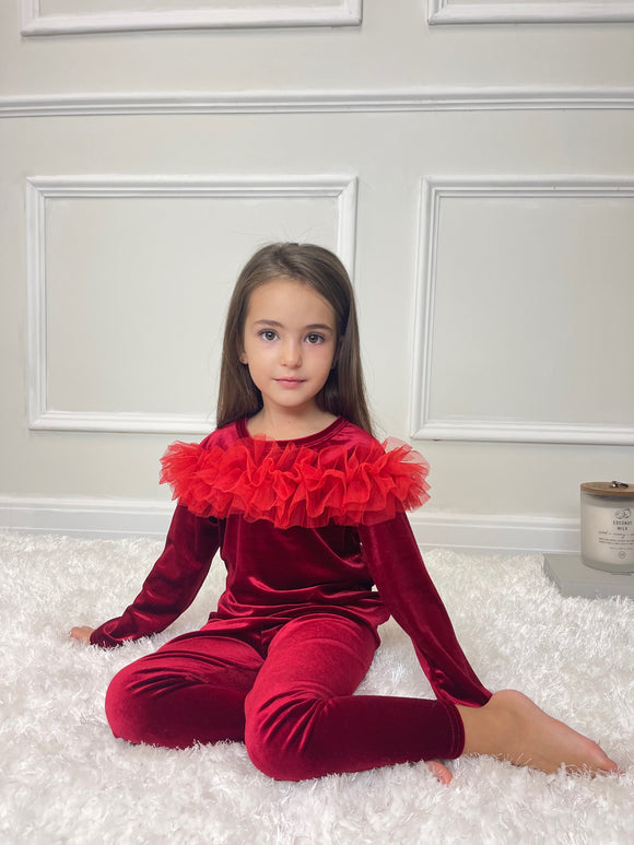 Lexie Kids Velour Frill Detail Trouser & Top Set - Red