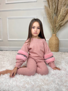 Sylvie Kids Glittery Fur Arm Detail Legging & Top Set - Pink