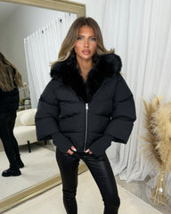Ruby Hooded Padded Coat with Faux Fur Trim - Black