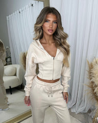 Hayley Corset Design Hooded Zip Jacket with Straight Leg Trousers Set - Oatmeal