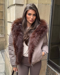 Celeste Hooded Padded Bomber Jacket with Faux Fur Trim - Taupe