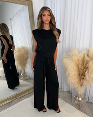 Leanne Round Neck Top with Shoulder Pads & Straight Leg Trouser Set - Black