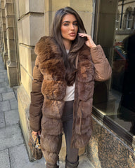 Hayley Faux Fur Belted Padded Coat - Chocolate