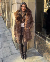 Hayley Faux Fur Belted Padded Coat - Chocolate