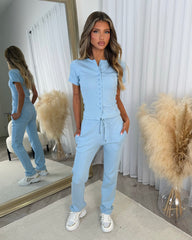 Elsie Short Sleeve Button Top & Trouser Co-ord Set - Baby Blue