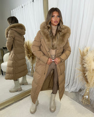 Mia Faux Fur Pull in Waist Long Padded Coat - Camel