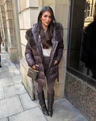Seraphine Faux Fur Hooded Belted Coat- Bronze