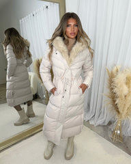 Mia Faux Fur Pull in Waist Long Padded Coat - Beige